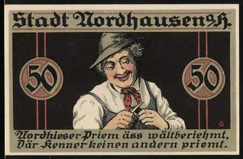 Notgeld Nordhausen 1921, 50 Pfennig, lachender Mann mit Hut und Tabakprieme, Stadtwappen und Verfallsdatum