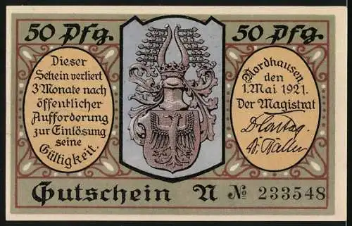 Notgeld Nordhausen 1921, 50 Pfennig, lachender Mann mit Hut und Tabakprieme, Stadtwappen und Verfallsdatum