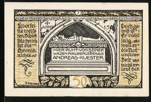 Notgeld Rieder, 1921, 50 Pfennig, Andreas Kuester Grabmal und Inschriften