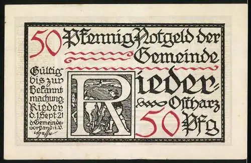 Notgeld Rieder, 1921, 50 Pfennig, Andreas Kuester Grabmal und Inschriften