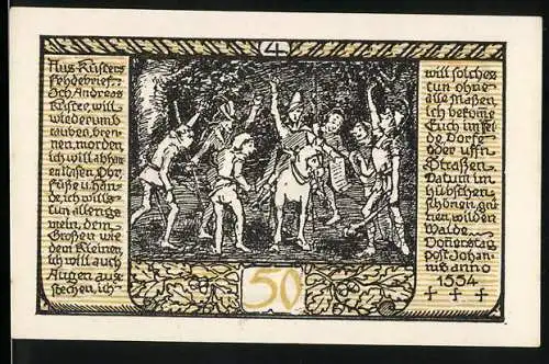 Notgeld Rieder, 1921, 50 Pfennig, Darstellung tanzender Figuren und Schriftzug Rieder am Harz