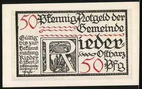 Notgeld Rieder, 1921, 50 Pfennig, Darstellung tanzender Figuren und Schriftzug Rieder am Harz