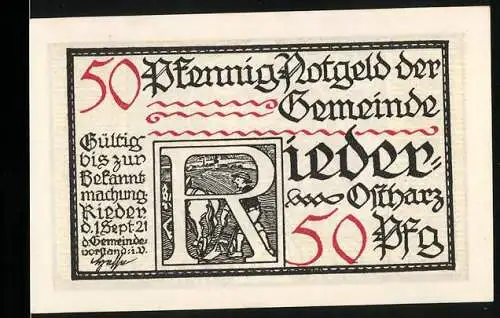 Notgeld Rieder 1921, 50 Pfennig, mit historischem Text und Illustrationen auf der Rückseite