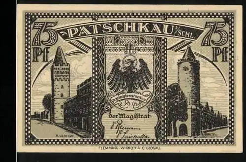 Notgeld Patschkau, 75 Pf, Stadtansicht mit Burgtürmen und Wappen, Rückseite mit Stadtpanorama und Spruch