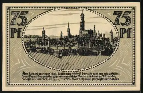 Notgeld Patschkau, 75 Pf, Stadtansicht mit Burgtürmen und Wappen, Rückseite mit Stadtpanorama und Spruch