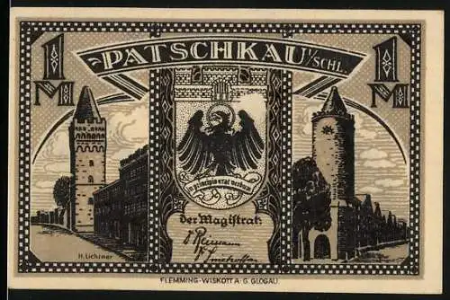 Notgeld Patschkau, 1 Mark, Stadtansicht mit Adler und Silhouetten von Menschen