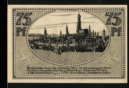 Notgeld Patschkau, 75 Pf, Stadtansicht mit Türmen und Signaturen der Magistratsmitglieder