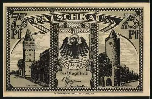 Notgeld Patschkau, 75 Pf, Stadtansicht mit Türmen und Signaturen der Magistratsmitglieder