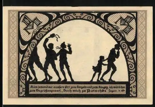 Notgeld Patschkau, 1 Mark, Silhouetten von Personen und Stadtansicht mit Wappen