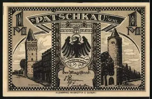 Notgeld Patschkau, 1 Mark, Silhouetten von Personen und Stadtansicht mit Wappen