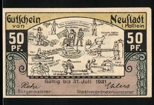 Notgeld Neustadt in Holstein, 1921, 50 Pfennig, Illustrationen vom Eisenbahn-Projekt und Rathaus am Markt