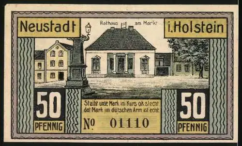 Notgeld Neustadt in Holstein, 1921, 50 Pfennig, Illustrationen vom Eisenbahn-Projekt und Rathaus am Markt