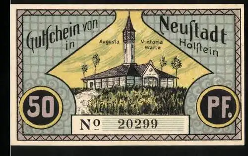 Notgeld Neustadt Holstein, 1921, 50 Pf, Augusta Victoria Warte, gültig bis 31. Juli 1921