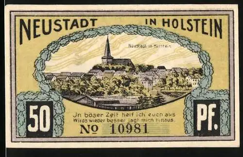 Notgeld Neustadt in Holstein, 1921, 50 Pfennig, Stadtansicht und Wappen, Der Löwe von Dänemark Szene