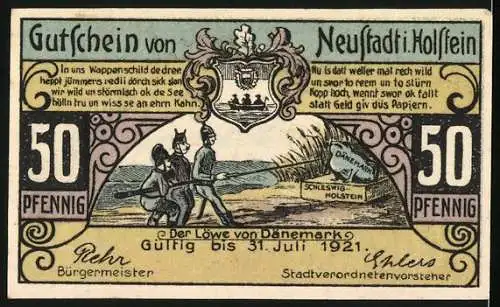 Notgeld Neustadt in Holstein, 1921, 50 Pfennig, Stadtansicht und Wappen, Der Löwe von Dänemark Szene