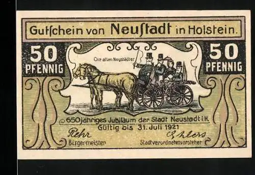 Notgeld Neustadt in Holstein, 1921, 50 Pfennig, 650-jähriges Jubiläum, Pferdekutsche und Hafenansicht