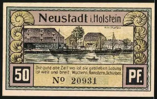 Notgeld Neustadt in Holstein, 1921, 50 Pfennig, 650-jähriges Jubiläum, Pferdekutsche und Hafenansicht