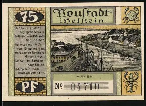 Notgeld Neustadt in Holstein, 1921, 75 Pf, Hafenansicht und politisches Laboratorium, Seriennummer 04710