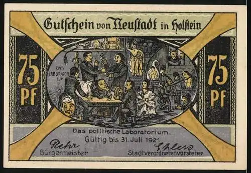 Notgeld Neustadt in Holstein, 1921, 75 Pf, Hafenansicht und politisches Laboratorium, Seriennummer 04710