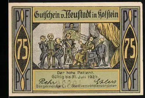 Notgeld Neustadt in Holstein, 1921, 75 Pfennig, Der hohe Patient und Am Strande, gültig bis 31. Juli 1921