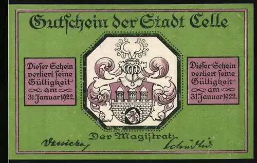 Notgeld Celle, 1922, 25 Pfennig, Gutschein der Stadt Celle mit Stadtwappen und Fachwerkhäusern