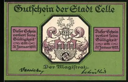 Notgeld Celle 1922, 50 Pfennig, Gutschein der Stadt Celle, Stadtwappen und Strassenszene