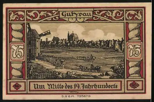 Notgeld Guhrau, 75 Pfennig, Stadtwappen, Panorama mit Windmühle