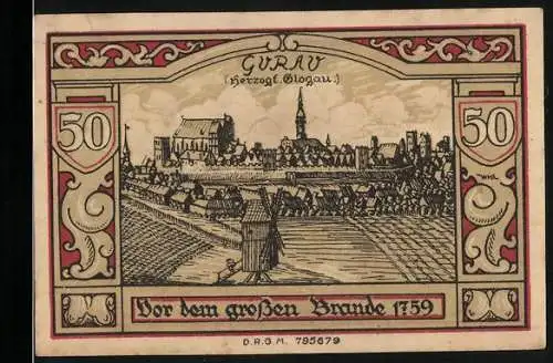 Notgeld Guhrau, 1921, 50 Pfennig, Stadtansicht vor dem Brand von 1759 und Wappen mit Stadtmauer