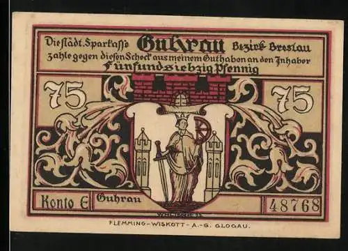 Notgeld Guhrau, 75 Pfennig, Vorderseite Wappen mit Frau und Türmen Rückseite Landschaft mit Windmühle