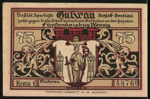 Notgeld Guhrau, 75 Pfennig, Landschaft mit Windmühle und Stadtansicht, Wappen und Stadtmauer