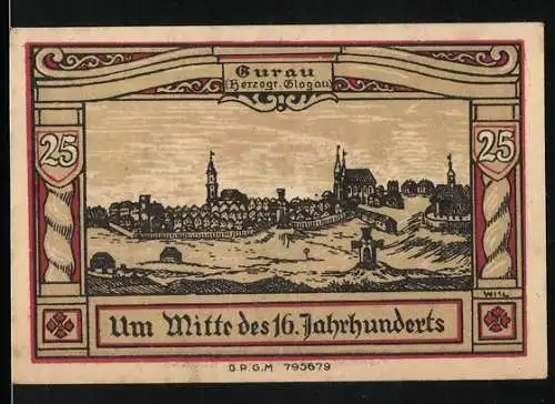 Notgeld Guhrau, 25 Pfennig, historische Stadtansicht und Wappen, um Mitte des 16. Jahrhunderts