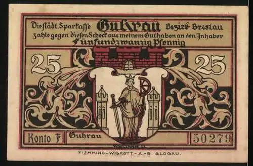 Notgeld Guhrau, 25 Pfennig, historische Stadtansicht und Wappen, um Mitte des 16. Jahrhunderts