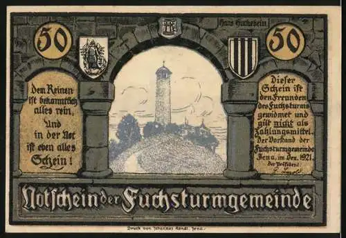 Notgeld Jena 1921, 50 Pfennig, Musikant und Fuchsturm auf Hügel mit Familienansicht