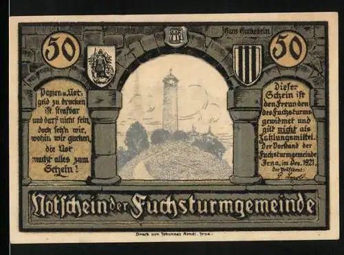 Notgeld Jena 1921, 50 Pfennig, Fuchsturm und Alt-Ziegenhain Illustration