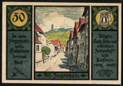 Notgeld Jena 1921, 50 Pfennig, Fuchsturm und Alt-Ziegenhain Illustration