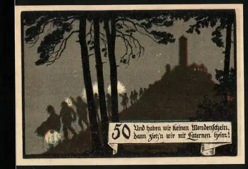 Notgeld Jena 1921, 50 Pfennig, Fuchsturmgemeinde, Mondschein Wanderung und Fuchsturm mit Torbogen und Wappen