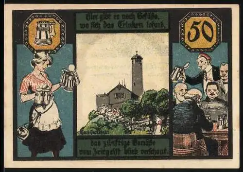 Notgeld Jena 1921, 50 Pfennig, Fuchsturmgemeinde, Serviererin mit Bierkrügen und Turm sowie Hinweis auf Nichtgeldwert