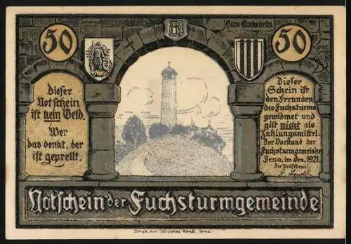 Notgeld Jena 1921, 50 Pfennig, Fuchsturmgemeinde, Serviererin mit Bierkrügen und Turm sowie Hinweis auf Nichtgeldwert