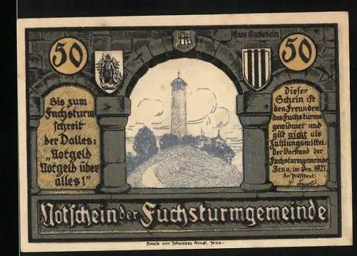 Notgeld Jena 1921, 50 Pfennig, Fuchsturmgemeinde, historische Darstellung des Fuchsturms und humorvolles Motiv