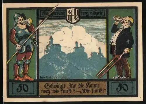 Notgeld Jena 1921, 50 Pfennig, Fuchsturmgemeinde, Soldat und Musiker trinken Bier, Turm mit Landschaft und Schriftzüge