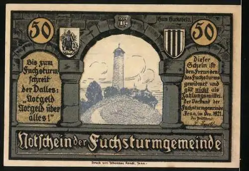 Notgeld Jena 1921, 50 Pfennig, Fuchsturmgemeinde, Soldat und Musiker trinken Bier, Turm mit Landschaft und Schriftzüge