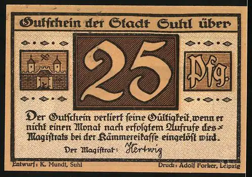 Notgeld Suhl, 25 Pfennig, Gewehr-Motiv und Stadtwappen, Entwurf K. Mundt, Druck Adolf Forker, Leipzig