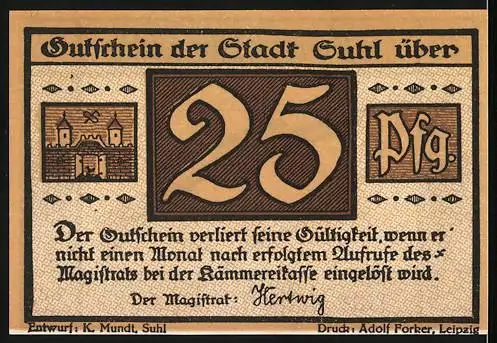 Notgeld Suhl, 1921, 25 Pfennig, Vorderseite mit Gewehr und Rückseite mit Stadtwappen