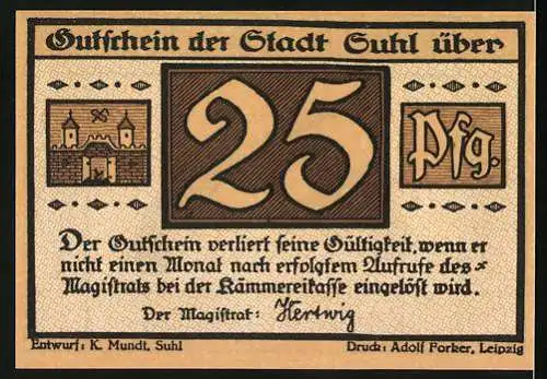 Notgeld Suhl, 1921, 25 Pfennig, Revolver und Pistolen, Gutschein der Stadt Suhl