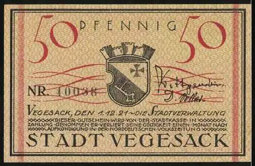 Notgeld Vegesack, 1921, 50 Pfennig, Stadtverwaltung und Kirche Abbildung