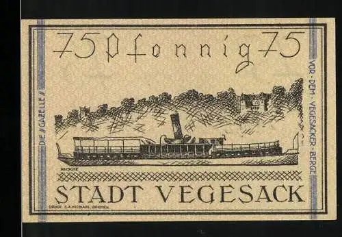 Notgeld Vegesack, 1921, 75 Pfennig, Dampfschiff und Stadtwappen