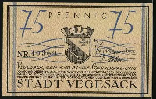 Notgeld Vegesack, 1921, 75 Pfennig, Dampfschiff und Stadtwappen