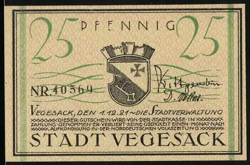 Notgeld Vegesack 1921, 25 Pfennig, Vorderseite mit Stadtwappen und Rückseite mit Dampfschiff Die Weser