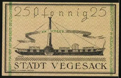 Notgeld Vegesack 1921, 25 Pfennig, Vorderseite mit Stadtwappen und Rückseite mit Dampfschiff Die Weser