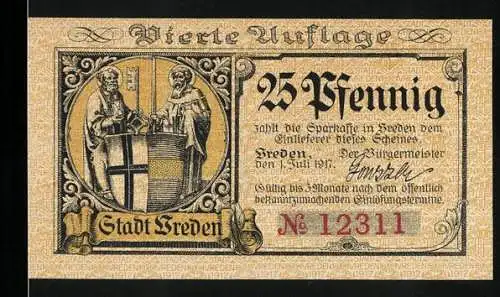 Notgeld Vreden, 1917, 25 Pfennig, vierte Auflage, Seriennummer 12311, Wappen mit zwei Figuren